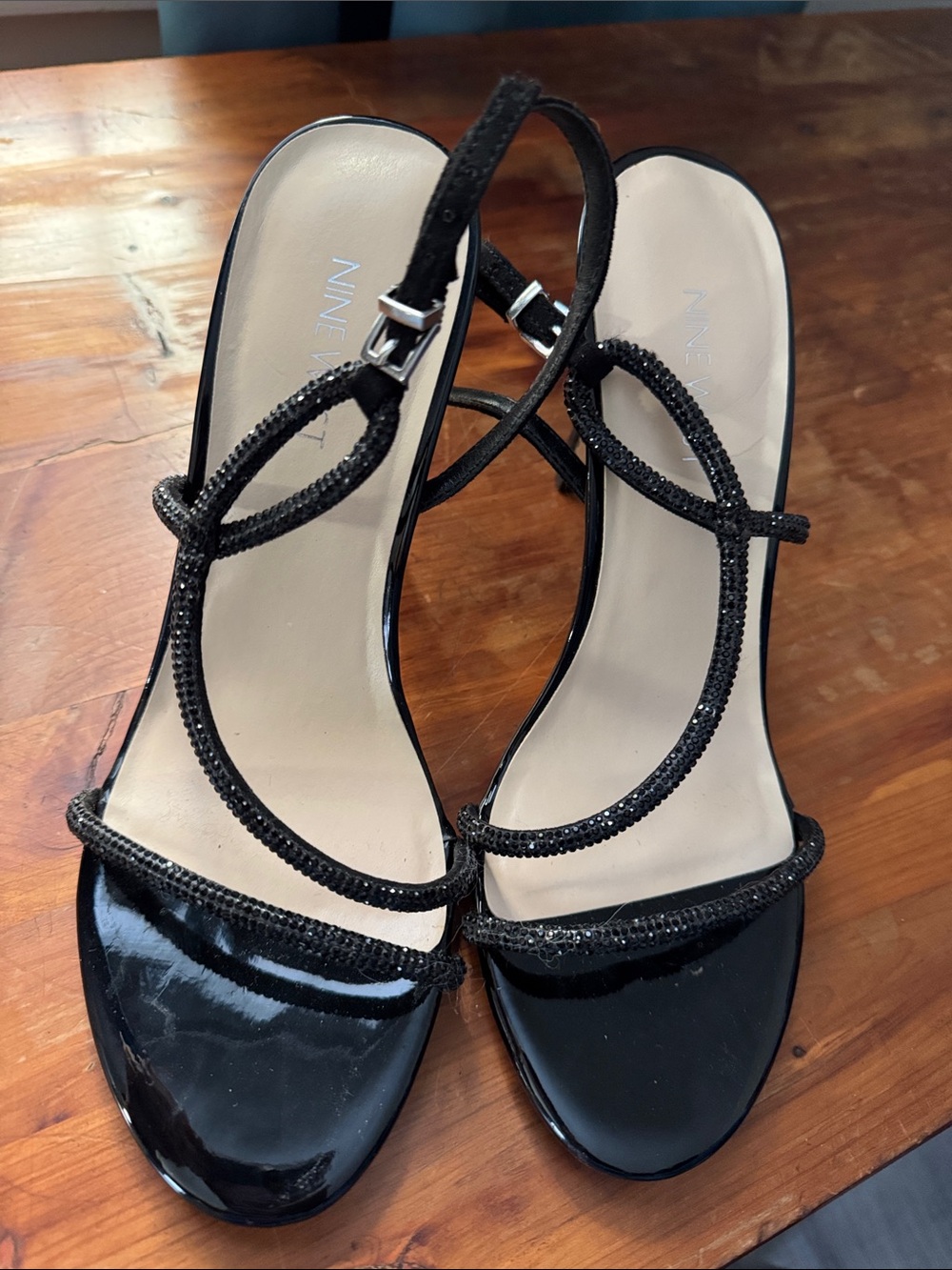 Nine West Black Patent Strappy Heels with Beaded Detail
